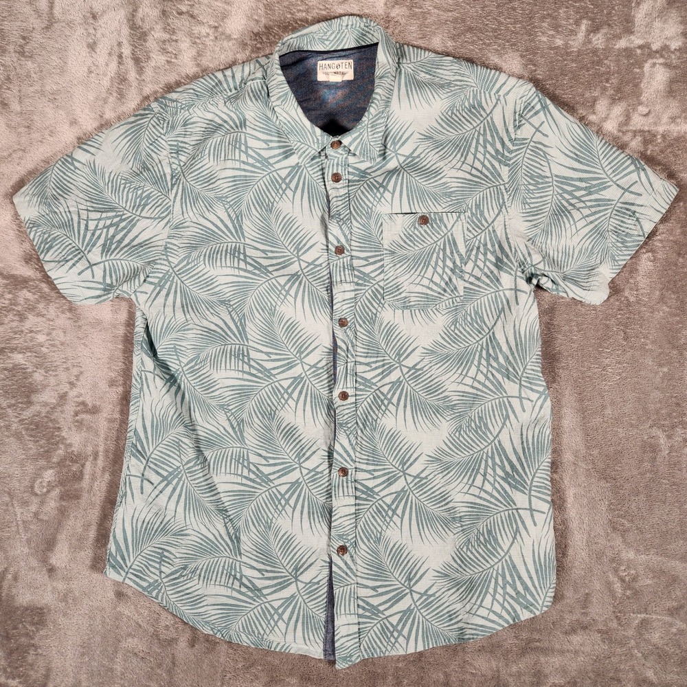 Hang Ten Button‎ Down Shirt Mens XL Teal Excellent Linen Blend Palm Leaf Print